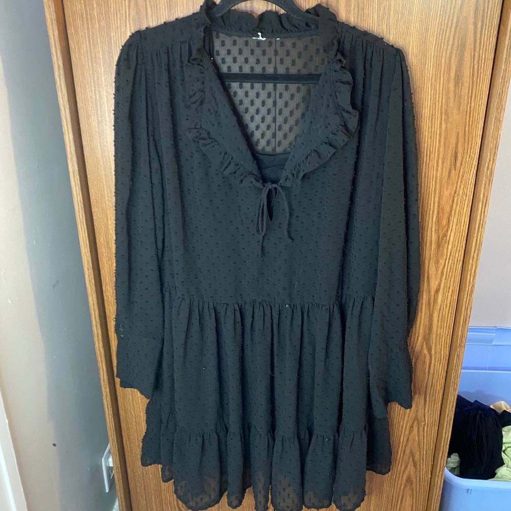 Fashion Mini Dress Women Large Black Swiss Dot Ruffle Neck Long Sleeve Babydoll